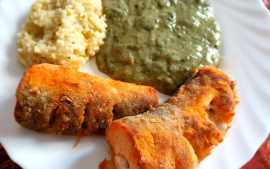 Sült hekk spenóttal és kölessel