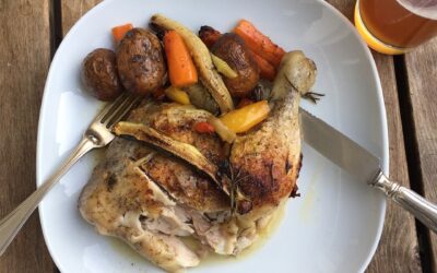 Sült csirkecomb őszi zöldségágyon